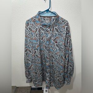 Cinch Blue and Brown Casual Button Down Shirt Paisley Print